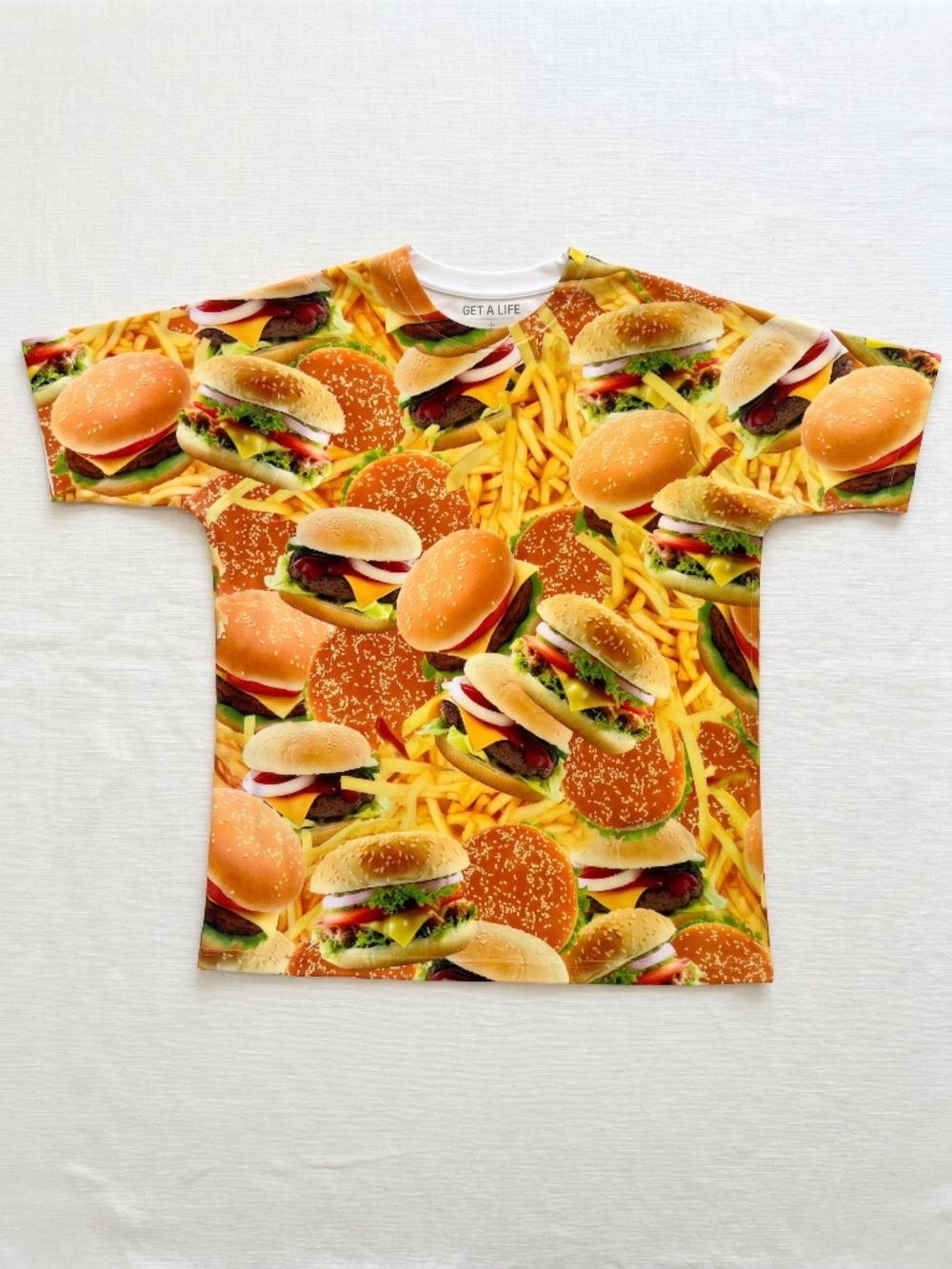 Get A Life Mens XL Cheeseburger French Fries All Over Print T-Shirt Foodie Y2K